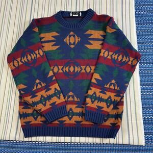 Vintage ROSE Sweater Mens Medium Navy Blue Aztec Knit Pullover USA 90s EC